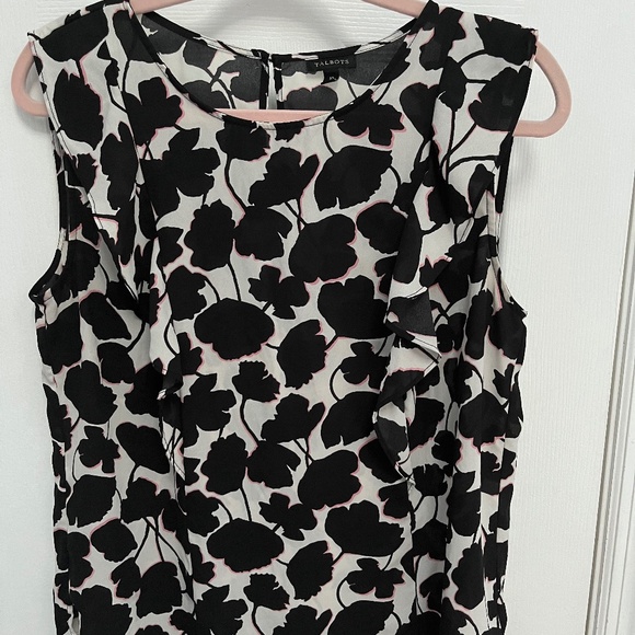 Talbots Blouse Tank size 10 Black White pink Floral Sheer sleeveless Ruffle - Picture 1 of 15